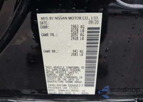 2021 Nissan Altima Sv Fwd z USA, uszkodzony, nr VIN 1N4BL4DV1MN300027